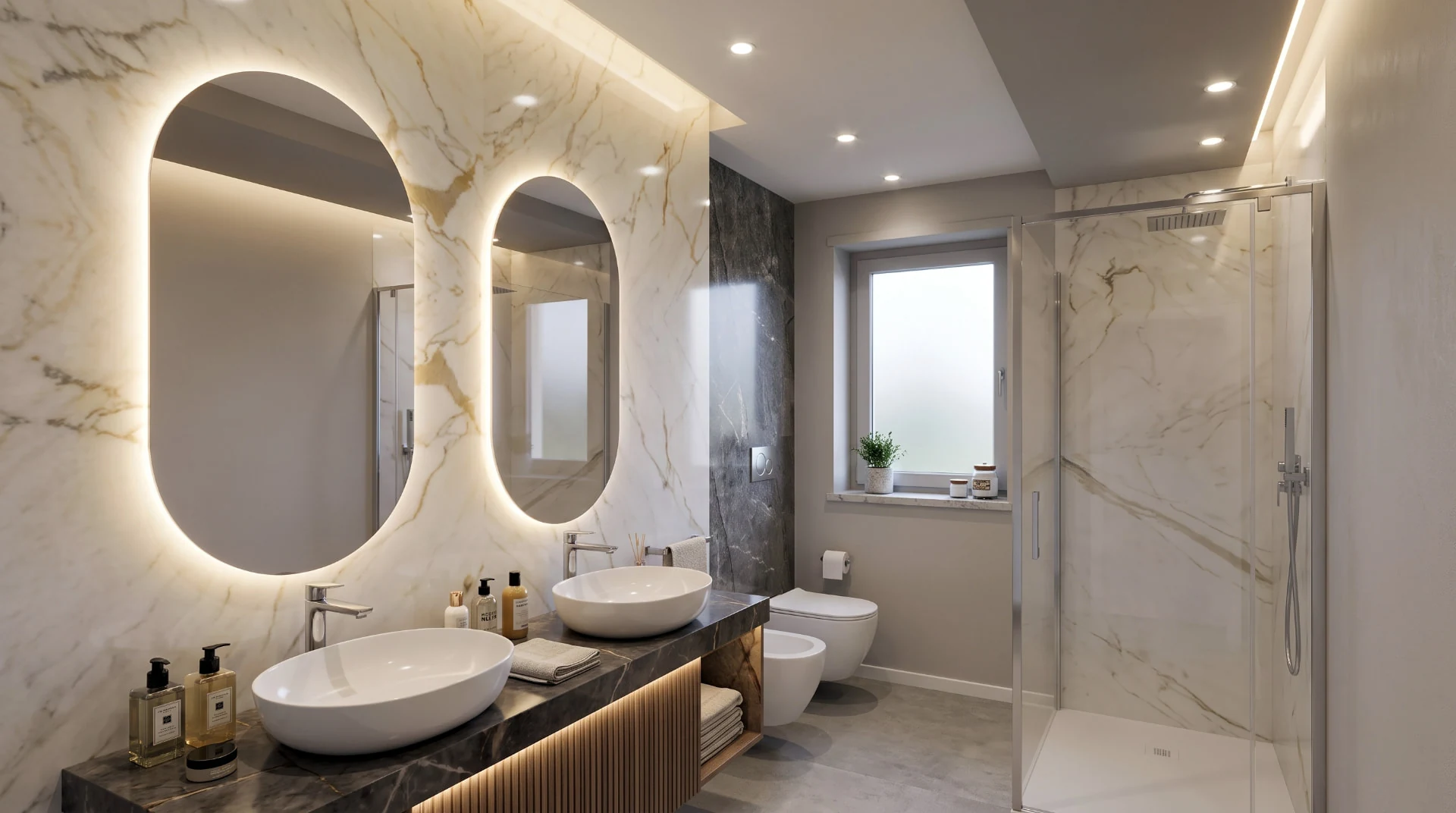 Appartamento EM2, progetto del bagno con superfici lapidee