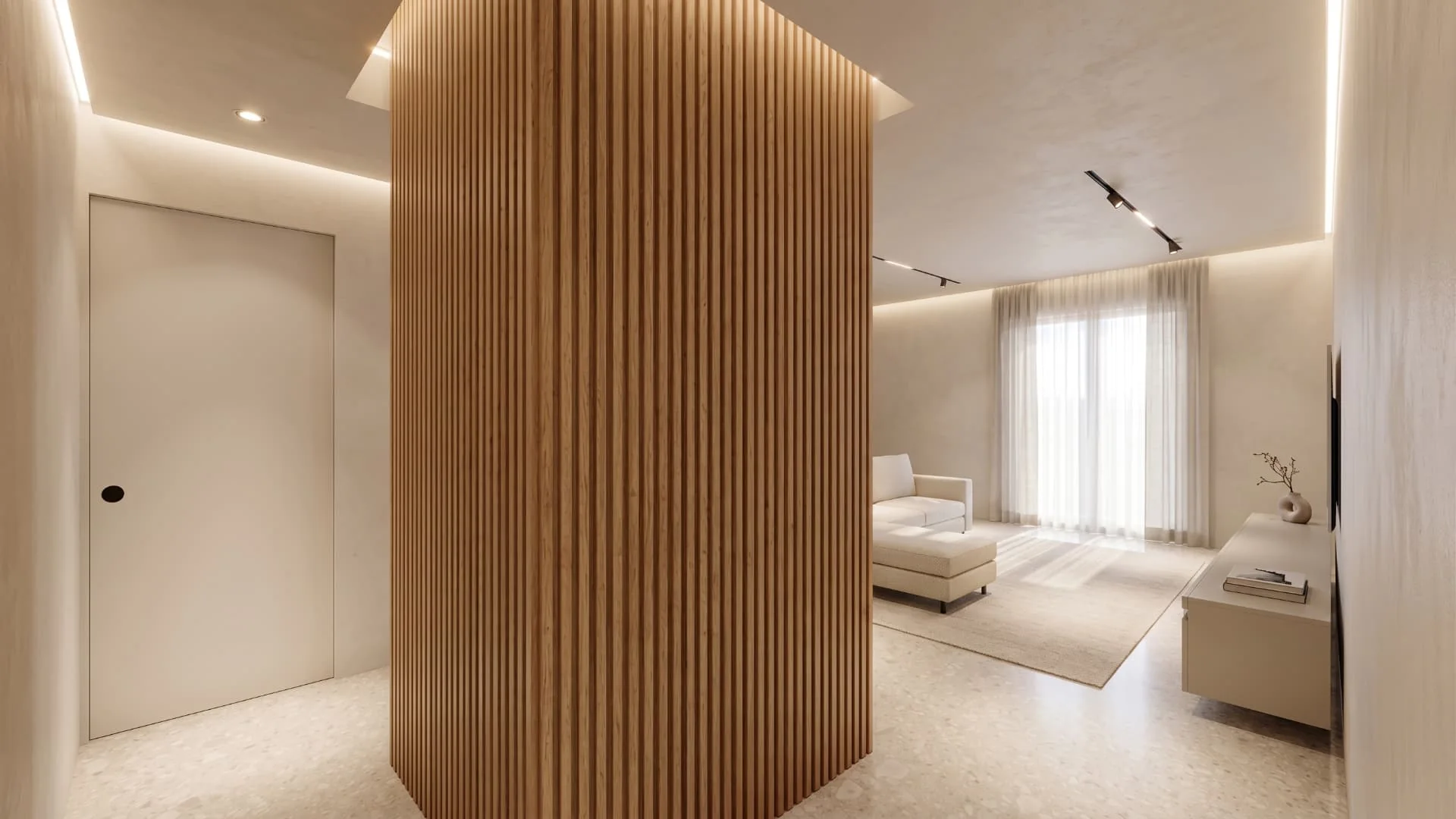 Appartamento FM, render del blocco centrale in doghe