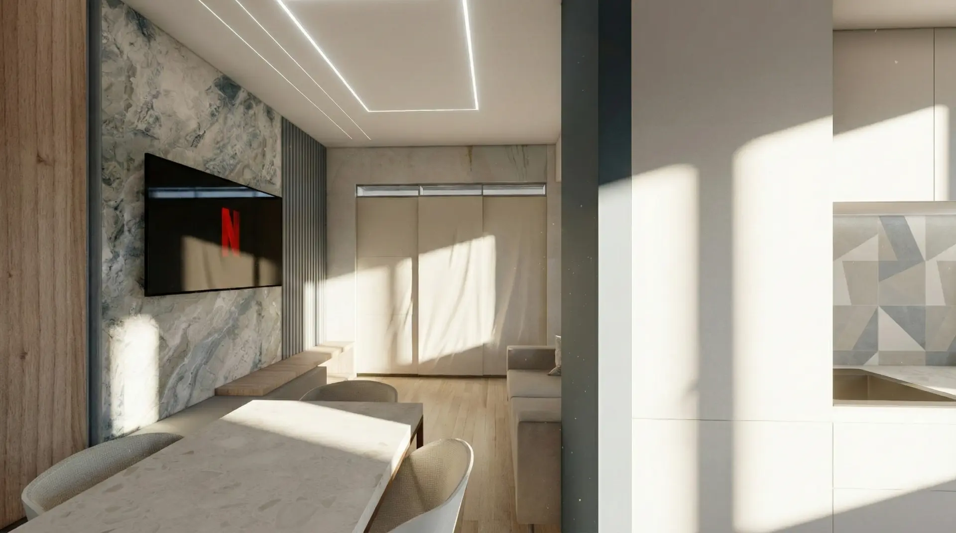 Residenza MF2, continuità visiva tra cucina e soggiorno