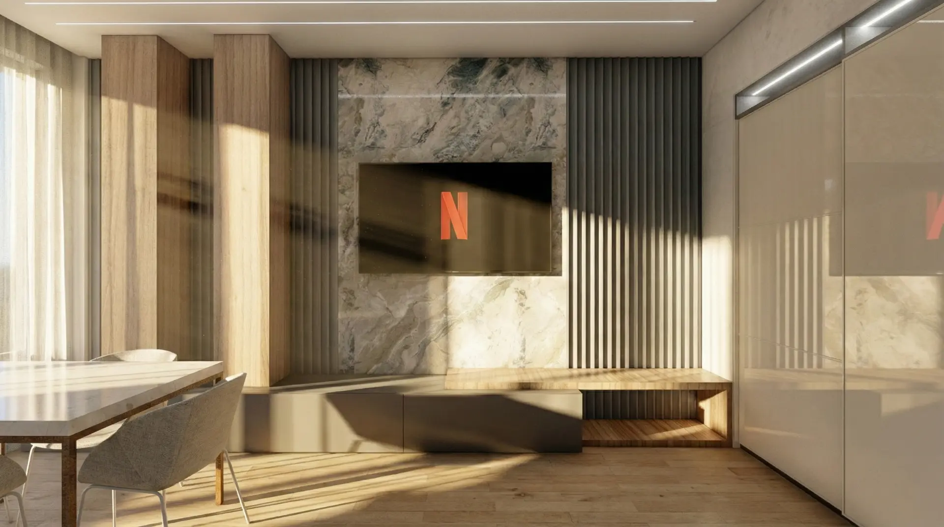Residenza MF2, parete attrezzata con rivestimento materico