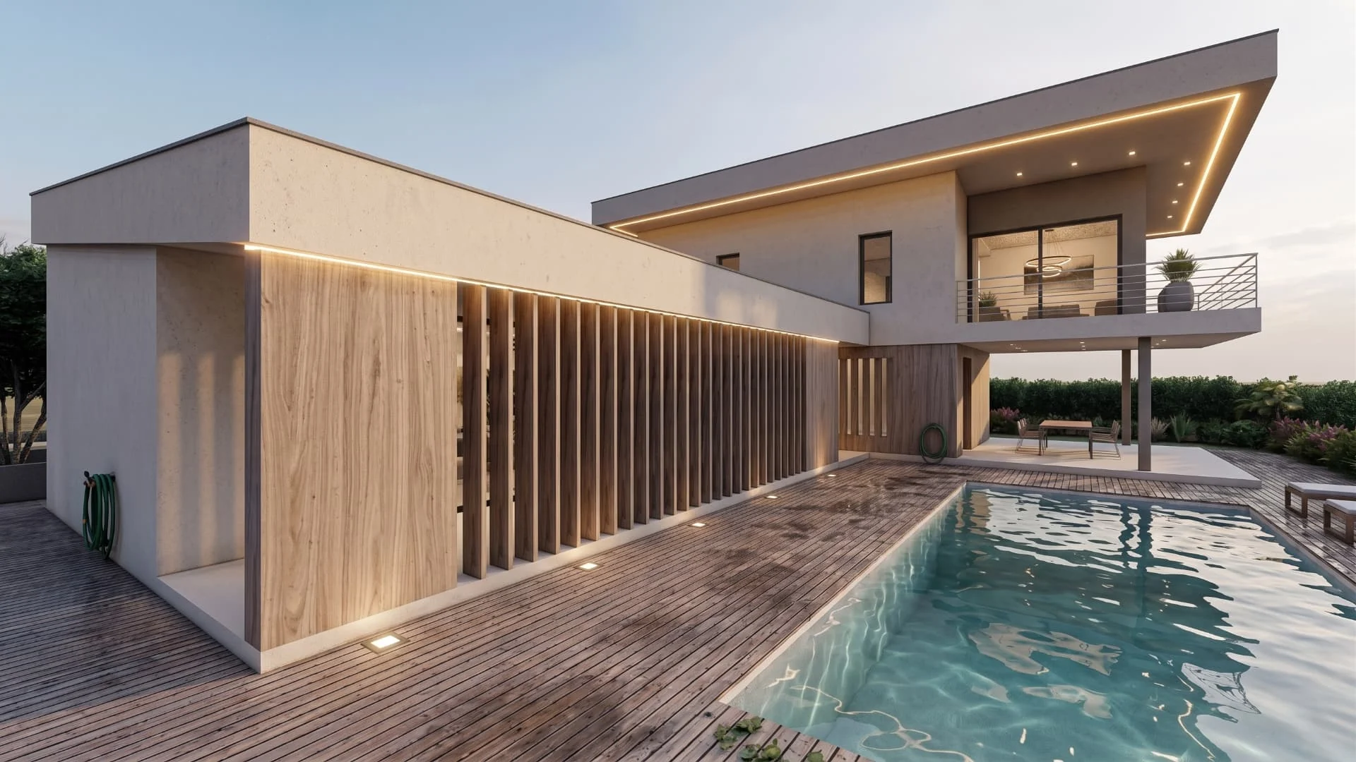 Villa T150, prospetto al tramonto