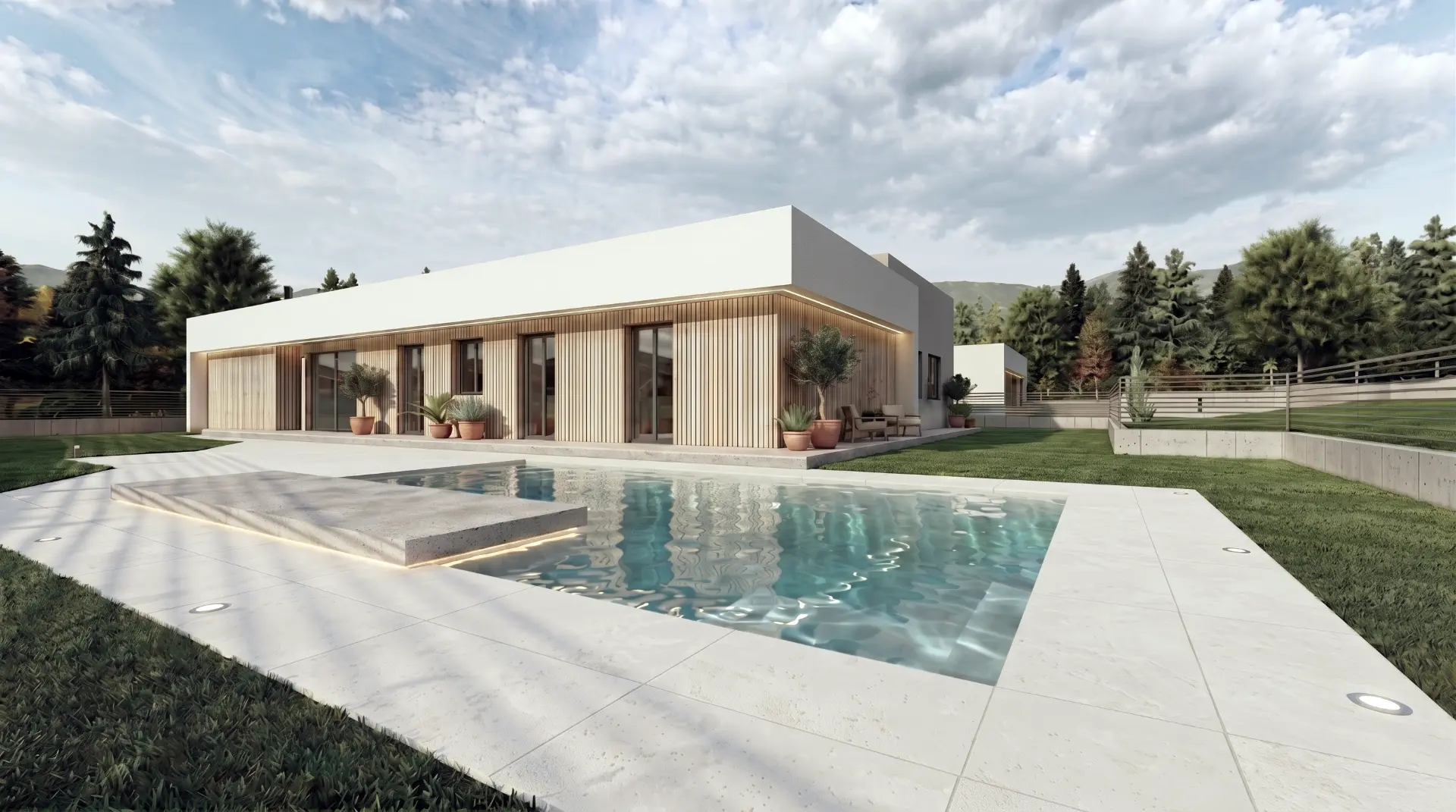 Vista panoramica con piscina e volumi bianchi