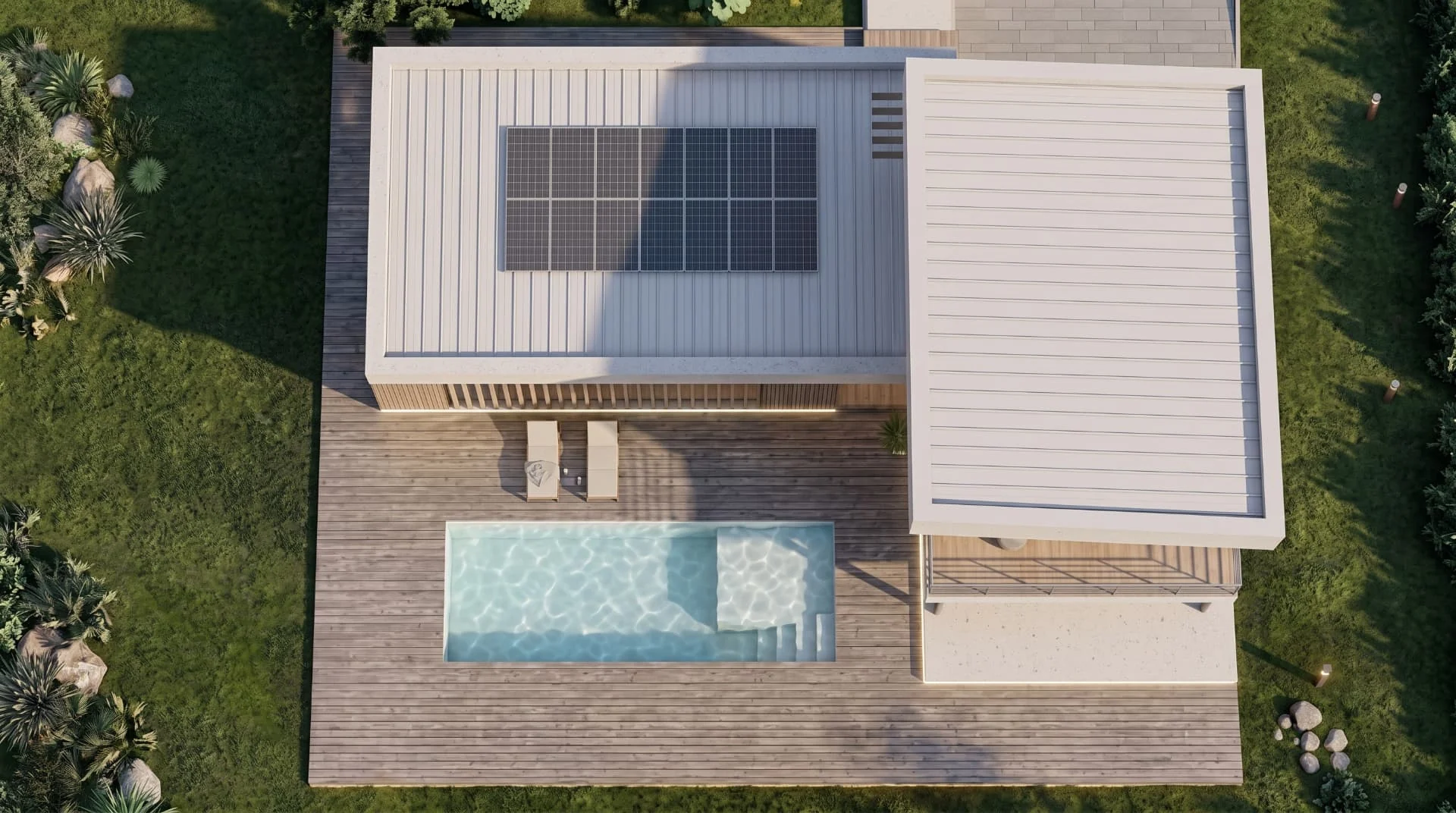 Villa T150, vista zenitale con copertura fotovoltaica