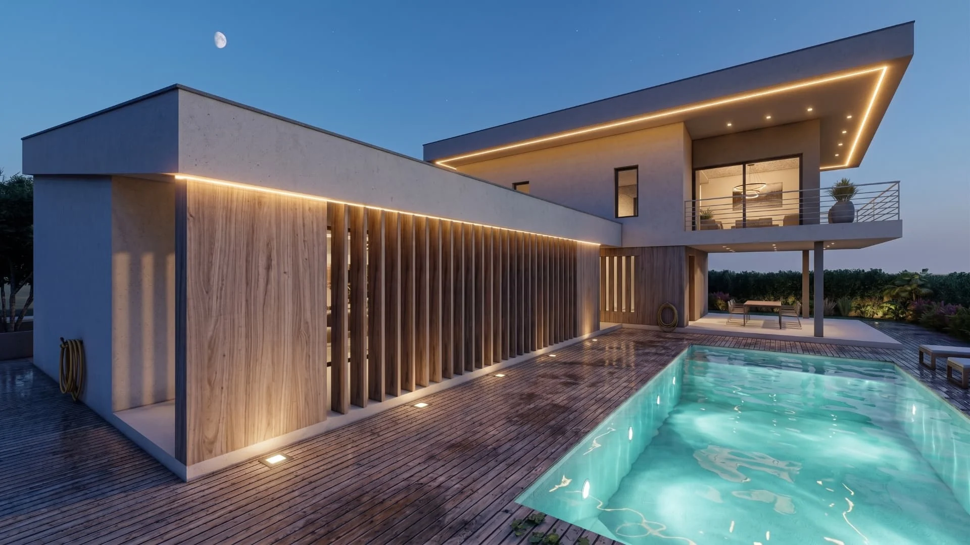 Villa T150, illuminazione serale della piscina
