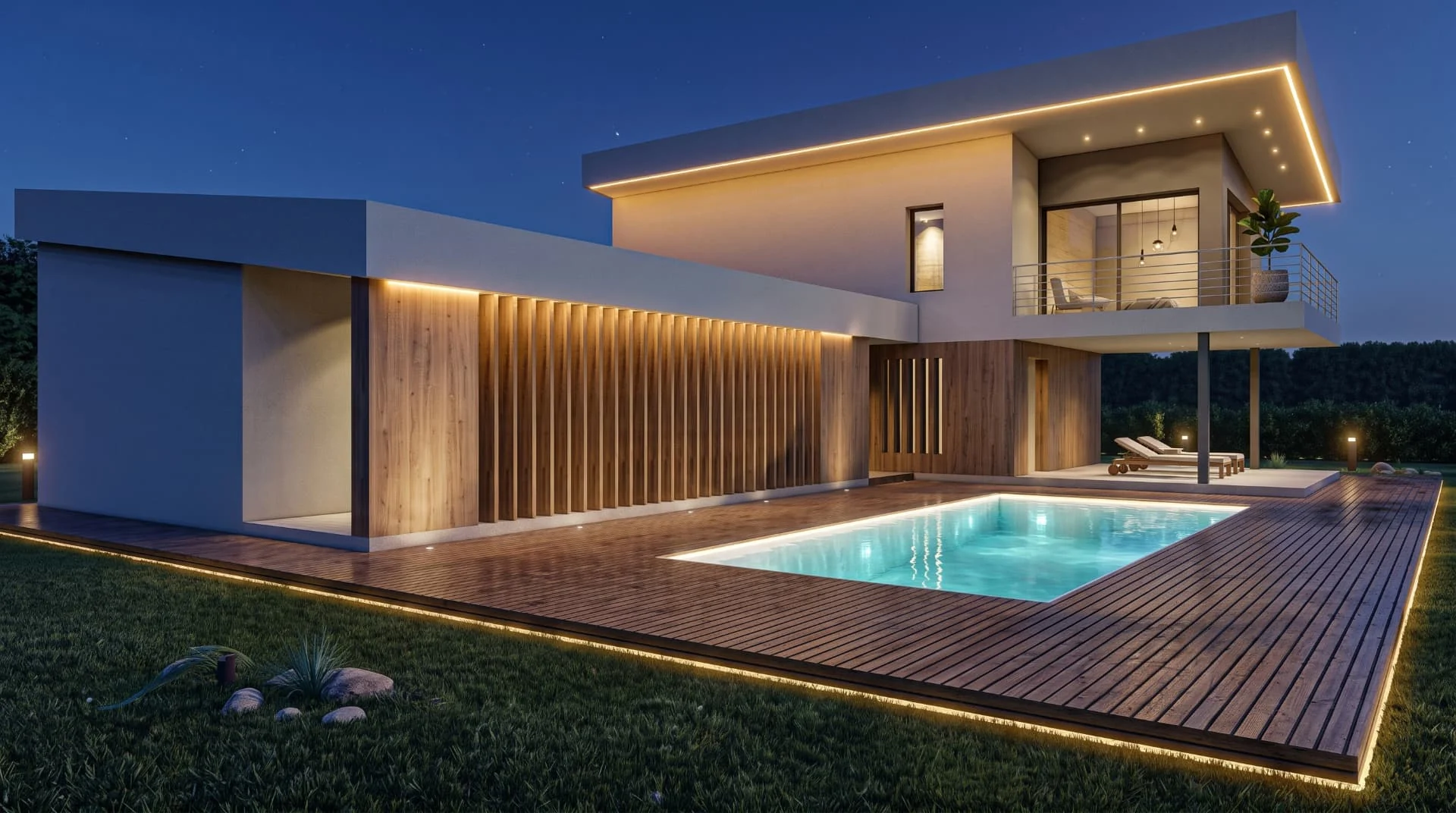 Villa T150, vista notturna della piscina