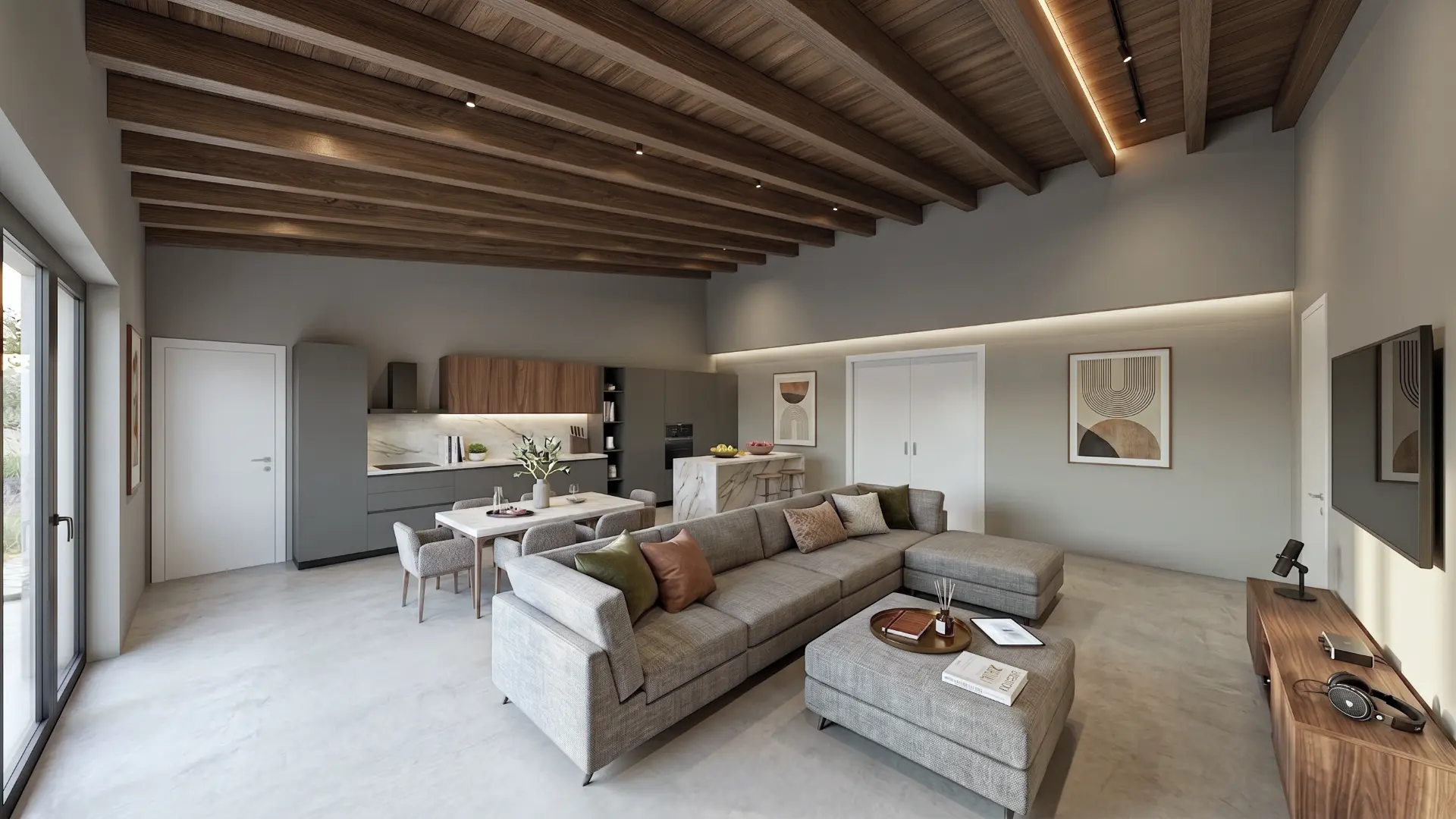 Open space living con travi a vista