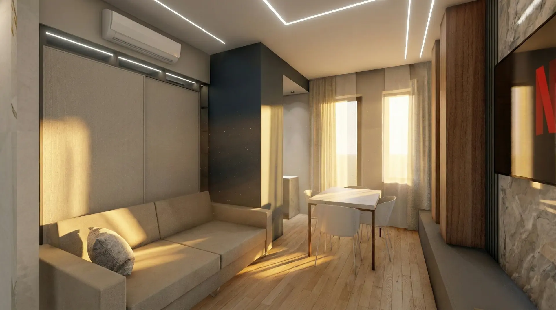 Residenza MF2, vista del living e della zona pranzo